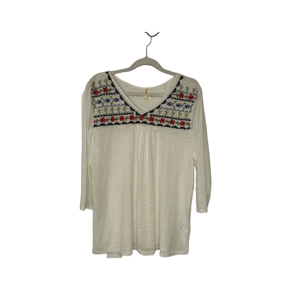 Womens Roper Peasant Style Top 3/4 Sleeve White Size L Embroidered Accent